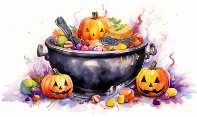 A full Halloween cauldron with decorative pumpkins and other treats and candy awaits visitors. AI digital watercolor