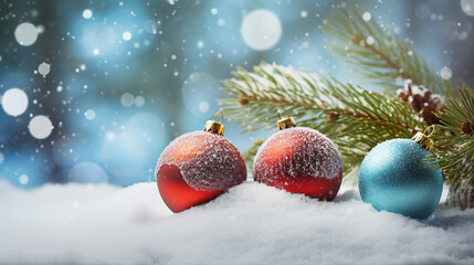 Fototapeta na wymiar Christmas background with baubles on snow with fir branch