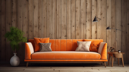 rustic orange velvet sofa near wooden panelling wall