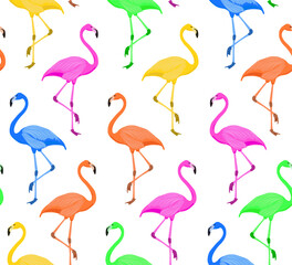 Seamless background of colorful flamingos, vector illustration for fashion, poster, wallpaper, sticker, cover designs