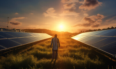A technician checks solar panels in a field at sunset. Concept renewable energy. Generative Ai