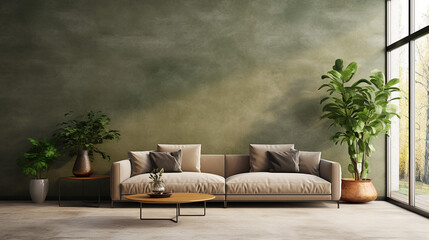 sofa in room with grunge stucco wall and much grernery with sunlight - obrazy, fototapety, plakaty