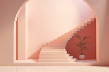 Illustration of a modern geometric arch and stairs in a minimal interior with a pastel gradient background. Generative AI