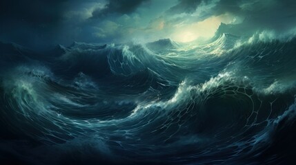 A metaphorical stormy sea, waves crashing and swirling, symbolizing the emotional turbulence within - obrazy, fototapety, plakaty