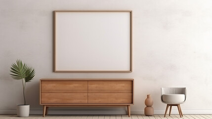 wooden rustic chest of drawers near white wall with blank poster frame interior design.