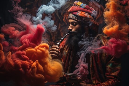 Oriental man in turban smoking hookah in clouds of colored smoke.