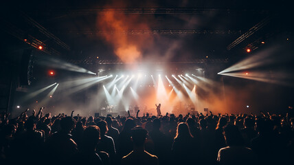 night music concert view from the crowd, stage with rays of light in the fog, musical performance generated rock fest