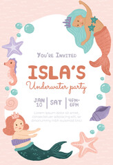 Cute two mermaid printable birthday and event invitation card 