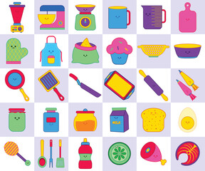 Retro Neon Linear color flat icons. Kitchen and Cooking Icons. kitchen appliances clipart and kitchenware.