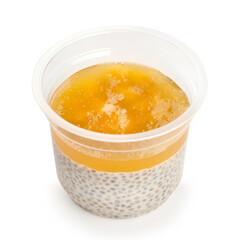 Parfait with chia seeds, passion fruit and banana isolated on a white background.