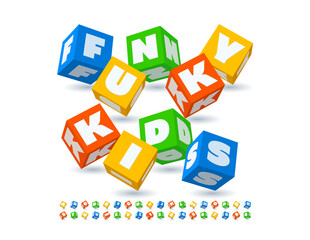 Vector happy poster Funky Kids. 3D colorful Font. Cubic Alphabet Letters and Numbers set