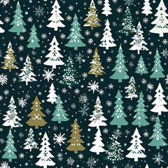 Fototapeta premium Christmas trees, forest green, burgundy, white snowflakes, vector, seamless pattern AI Generated