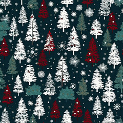 Christmas trees, forest green, burgundy, white snowflakes, vector, seamless pattern AI Generated