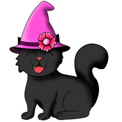 Vector png black cat wear witch hat hand drawing