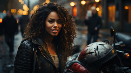 Fototapeta na wymiar Beautiful motorbike woman with curly hair in a black leather jacket and a motorcycle on the street.