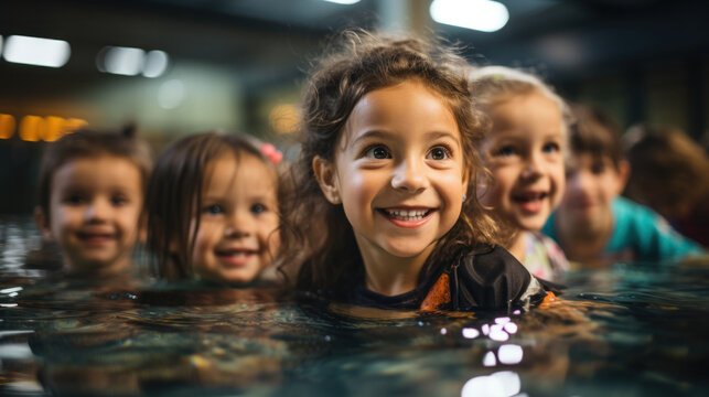 Portrait of smiling little girl in swimming pool with her friends in background. Children swimming group.