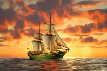 Obraz premium Sailing ship under sail at sunset on the high seas.
