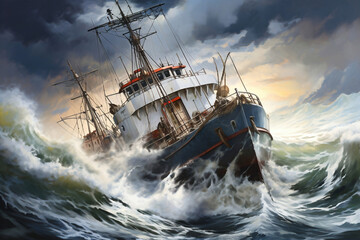 Obraz premium A cargo or fishing ship is caught in a severe storm. Ship at sea on big waves. The threat of shipwreck. Element in the ocean. The hard work of a sailor.