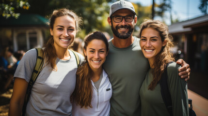Portrait of happy friends volunteers smiling at camera while standing together on street.