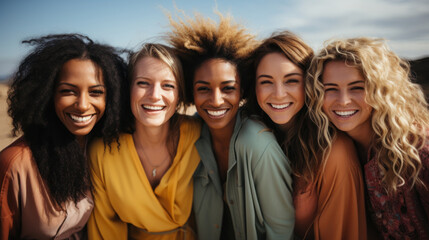 Group of multiracial friends having fun together on the beach. Women laughing and looking at camera.
