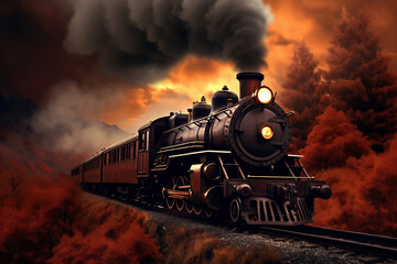 A painting of a train on a train track. The steam locomotive moves at sunset in the red rays of the sun along the railroad tracks. Puffs of smoke from the chimney of a retro train.