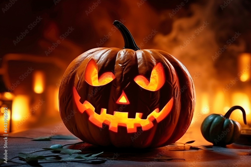 Sticker halloween pumpkin head jack lantern on wooden background.