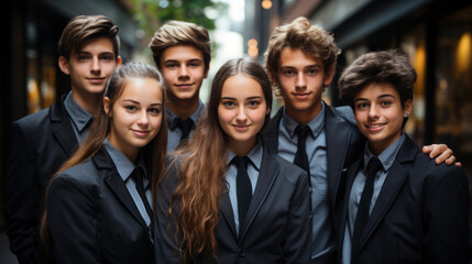 Portrait of male and female high school students wearing uniform outside college.