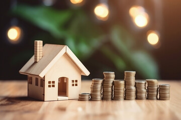 View of stack of coins with house model, housing savings plans, financial concept, real estate mortgage purchase with loan money bank concept. Property tax concept. Rental of property.