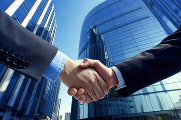 Businessmen shaking hands on abstract city background. teamwork concept. Closing a business deal. Confirmation of the contract with a handshake.