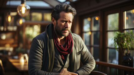 Obraz premium Portrait of a pensive man with a beard severe stomach pain.