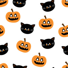Halloween seamless pattern with cartoon pumpkin, cat, and halloween element. cute halloween wallpaper for holiday theme, gift wrap paper