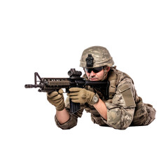 Fototapeta premium Military soldier kneeling aiming a gun isolated