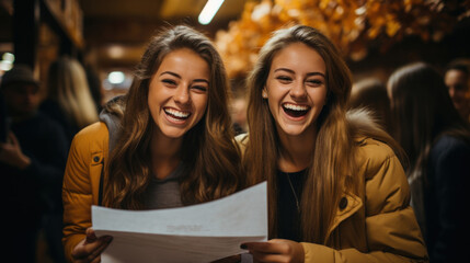 Two happy girls passed the entrance exams checking list of students and entered the institute.