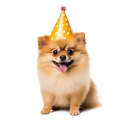 Obraz premium Fluffy dog with birthday cap isolated