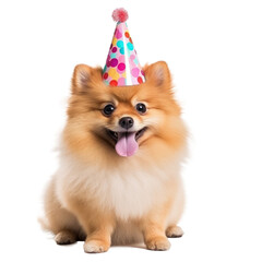 Fluffy dog with birthday cap isolated