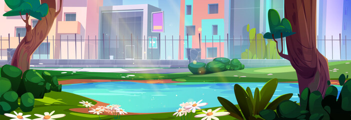 Lake near fence in city park vector background. Urban summer public garden with chamomile and pond water cartoon environment illustration. peaceful outdoor street to walk, relax and enjoy sunny day.