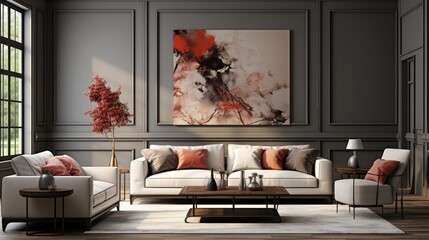 Front view of a modern classic living room. Gray wall with large abstract painting, trendy cushioned furniture, coffee table, large window. Contemporary home design. Mockup, 3D rendering.