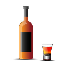 Cocktail glass with brandy or whiskey and bottle label isolated on white background. Vector illustration 