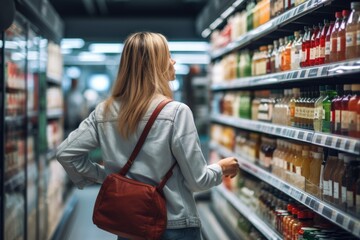 A woman shopping products in a grocery store, considering nutrition, prices, and ingredients, demonstrating informed consumer behavior. - obrazy, fototapety, plakaty