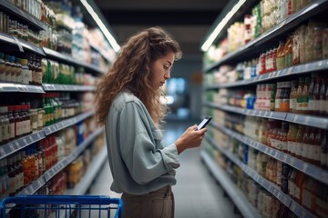 A woman shopping products in a grocery store, considering nutrition, prices, and ingredients, demonstrating informed consumer behavior. - obrazy, fototapety, plakaty