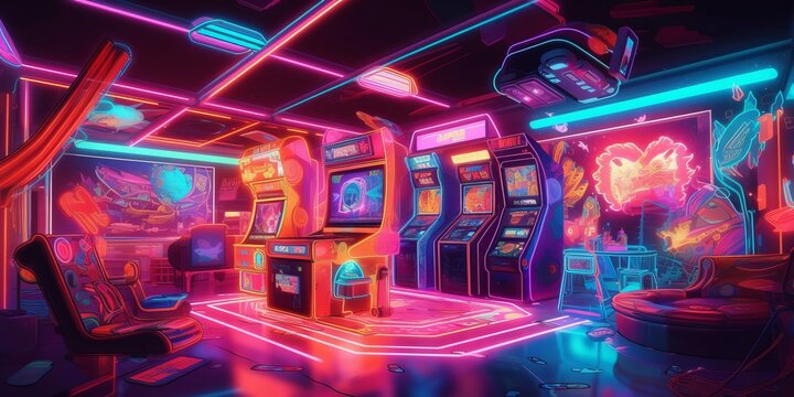  Retro Arcade: Immerse Yourself in a Neon-Soaked Wonderland. Glowing Arcade Machines, Vibrant Pixel Art, and a Dance Floor Awash in Colorful Lights and Funky Music Create the Ultimate Retro Gaming