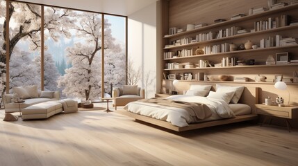 Interior of bedroom area in modern minimalist cottage. Natural colors, wooden floor and elements of furniture, bookshelf at the head of bed, floor-to-ceiling windows with forest view. 3D rendering.