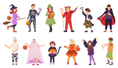 Collection of cute cartoon kids in colorful Halloween costumes: cat, pirate, devil, witches, ghost, mummy, skeleton. Cute little kids dressed in carnival clothes set. Flat vector illustration isolated