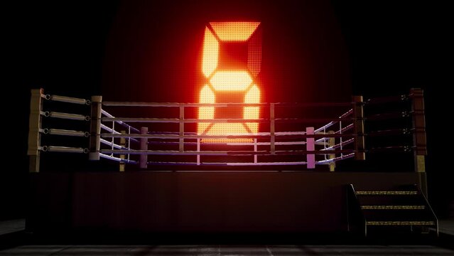 A modern boxing ring with an illuminated digital screen counting down from 10 to 1 on a dark isolated background