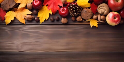 Autumnal decorations on a wooden background. Yellow and red leafs, apples, nuts and cones on a wooden background. Top view. Generative AI