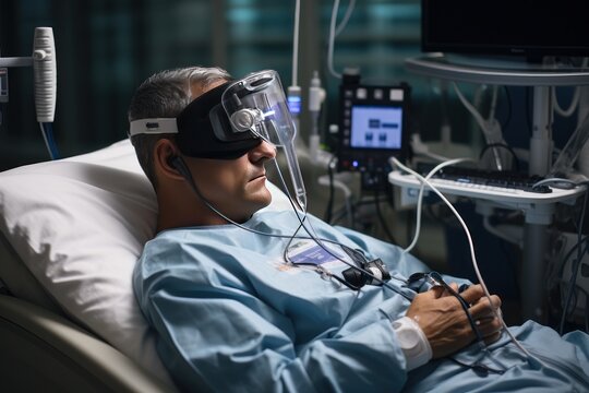 Older man patients Wearing VR headset innovation medical technology, Generate with Ai