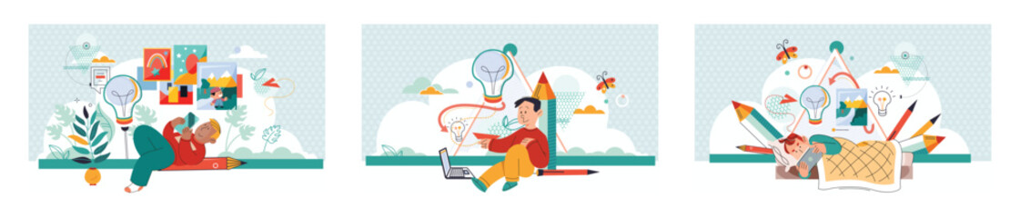 Online art course for young artist on screen of mobile phone. Art workshop, distance lesson, education with digital gadget, creative ideas, online learning set. Girl with smartphone or tablet pc