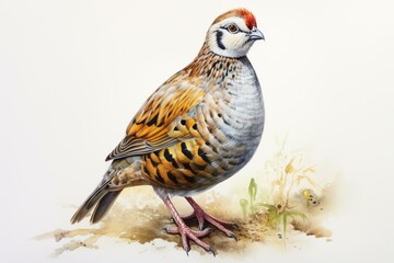 Watercolor painting of a bird similar to partridge or quail, standing on a white background. Generative AI