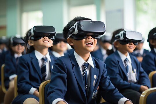 Group of students at aged 10, wearing virtual reality headset in class room generate with Ai.