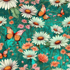 Fototapeta na wymiar Daisies and butterflies dancing in a whimsical seamless pattern, AI Generated